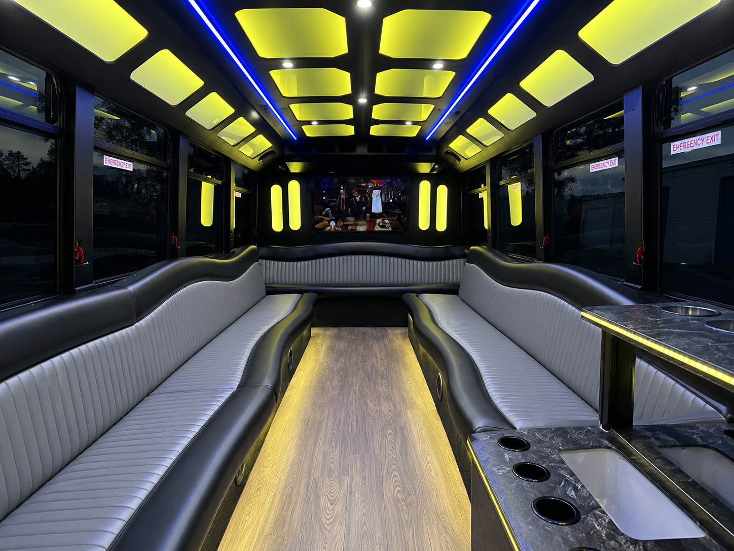 Interior seating and amenities of the 30 passenger party bus
