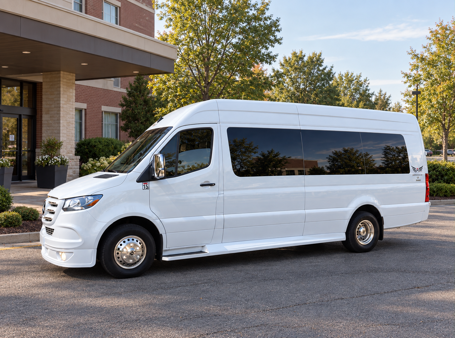 White Sprinter limo exterior view 1