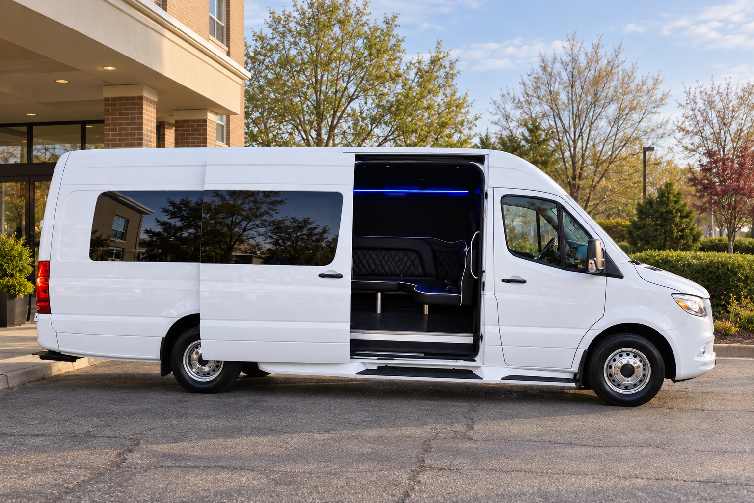 White Sprinter limo exterior view 3